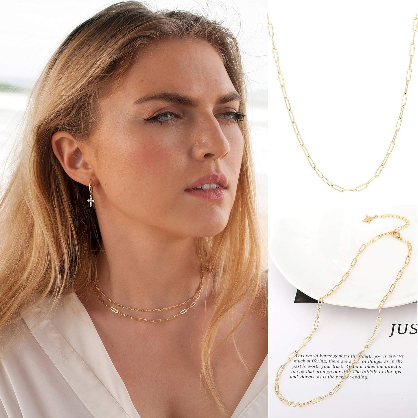 18K Gold Paperclip Chain Choker Satellite Chain Biwa Pearl Pendant Necklace Dainty Jewelry for Women