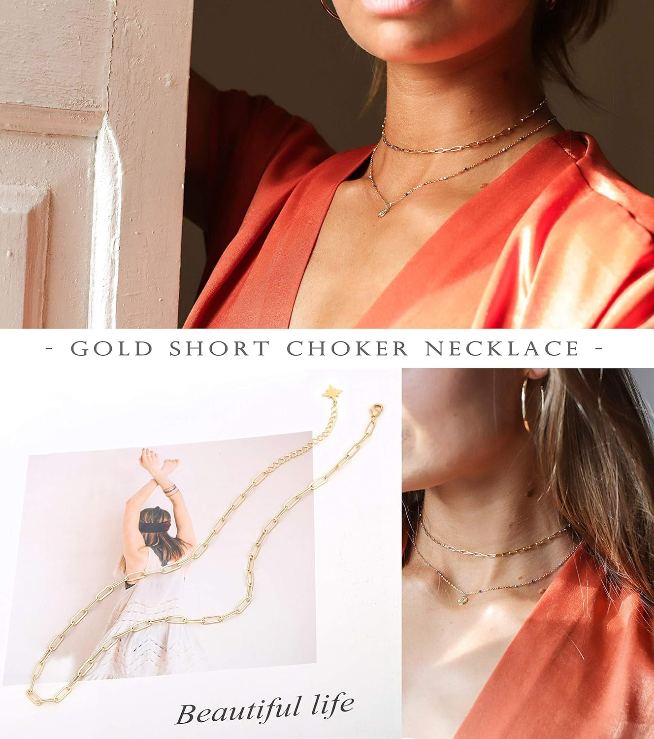 18K Gold Paperclip Chain Choker Satellite Chain Biwa Pearl Pendant Necklace Dainty Jewelry for Women